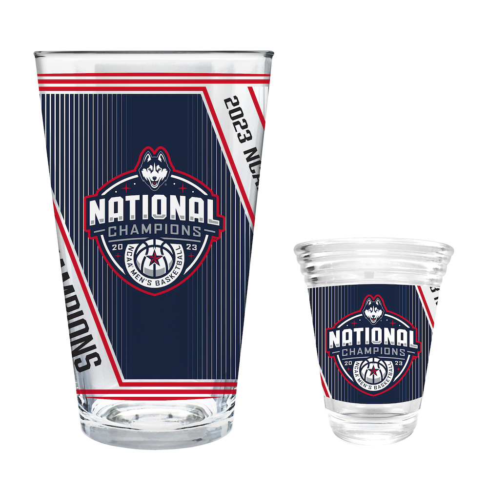 Connecticut Huskies 2023 Mens Final Four Champions Laser Etched Pint and Shot Glass Set