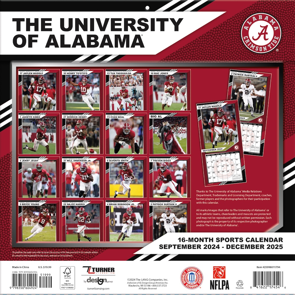 Alabama Crimson Tide 2026 NCAA Team Wall Calendar Buy At KHC Sports Alabama Crimson Tide Wall Calendar Back 